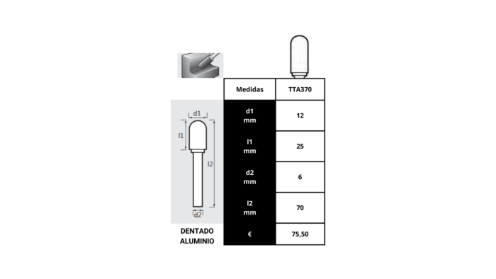 V*Fresa rotativa cilíndrica con radio - Dentado aluminio 12mm. TTA370