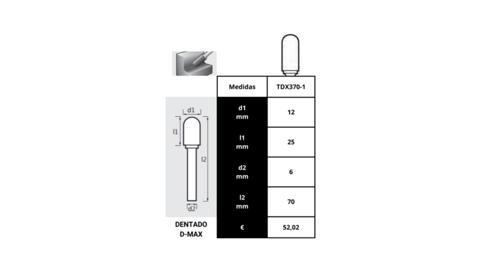 V*Fresa rotativa cilíndrica con radio - Dentado D-MAX 12mm. TDX370-1