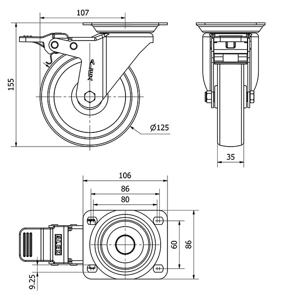 ALEX*Rueda Giratoria Poliamix Freno - 10ZVFD125-UT - 2-1195