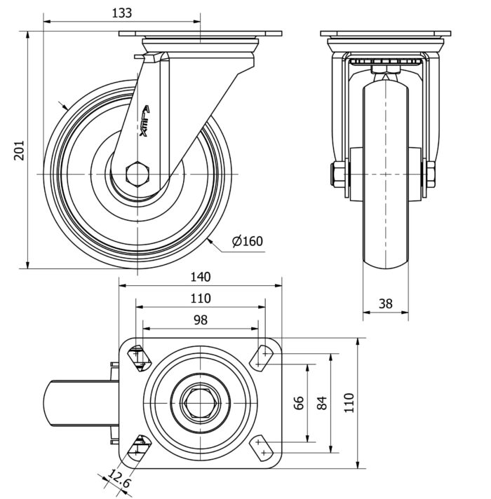 ALEX*Rueda Giratoria Goma Gris - 10ZV160-PGZN - 2-3218*