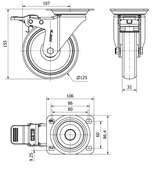 ALEX*Rueda Giratoria Goma Gris - 10ZVFD125-PGZN - 2-3236