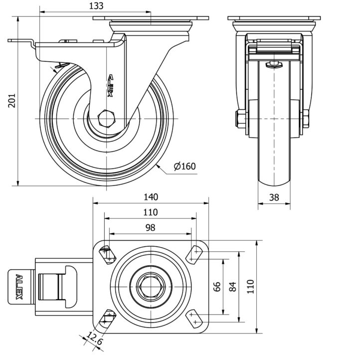 ALEX*Rueda Giratoria Goma Gris - 10ZVFD160-PGZN - 2-3238*