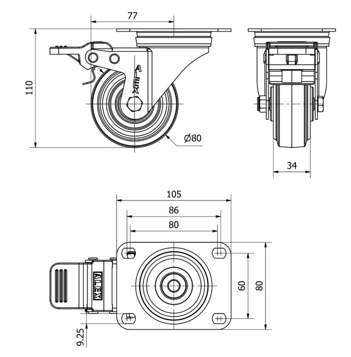 ALEX*Rueda Fija Goma Gris - 10ZVLFD80-PGR - 2-3753*