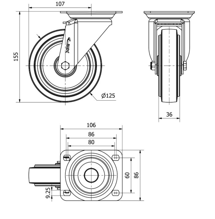 ALEX*Rueda Fija Goma Gris - 10ZV125-PGR - 2-3766