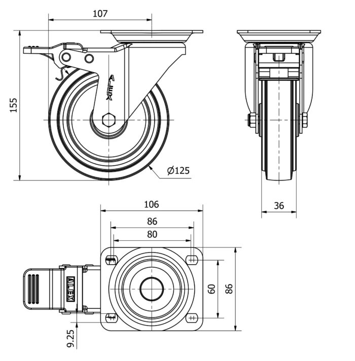 ALEX*Rueda Fija Goma Gris - 10ZVFD125-PGR - 2-3768